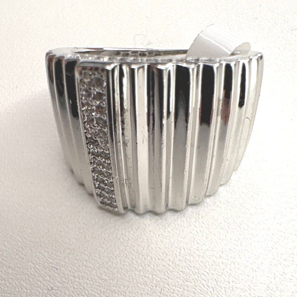 18k White Gold Filled Ribbed Statement Ring Pave CZ Wide Band Size 5